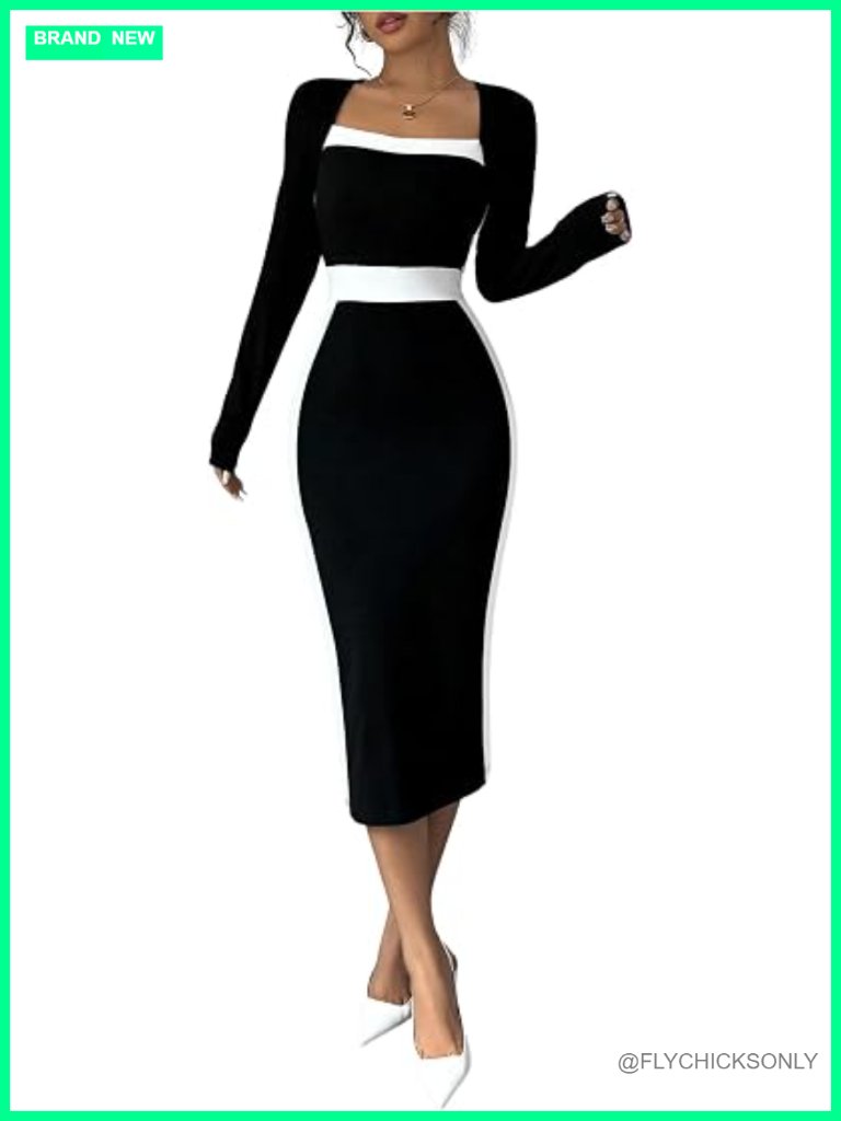 Midi Dress Color Block Square Neck Long Sleeve Bodycon
